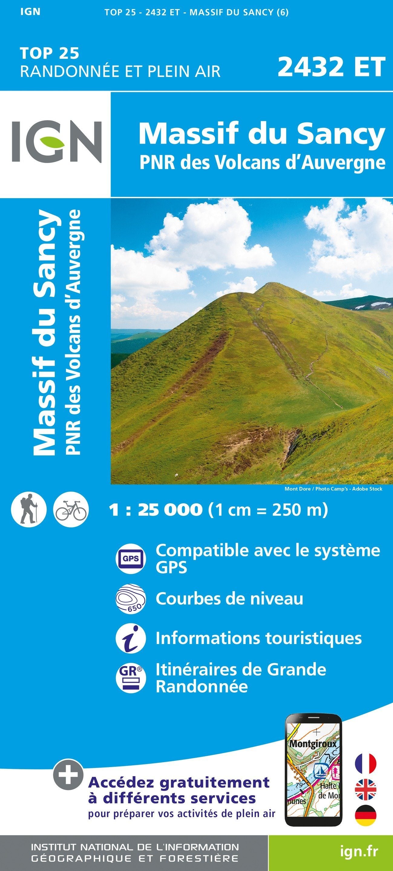 Carte TOP 25 n° 2432 ET - Massif du Sancy (Massif Central) | IGN carte de randonnée IGN