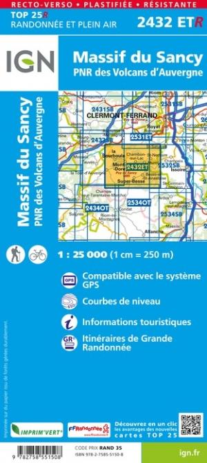 Carte TOP 25 n° 2432 ETR (résistante) - Massif du Sancy (Massif Central) | IGN carte de randonnée IGN