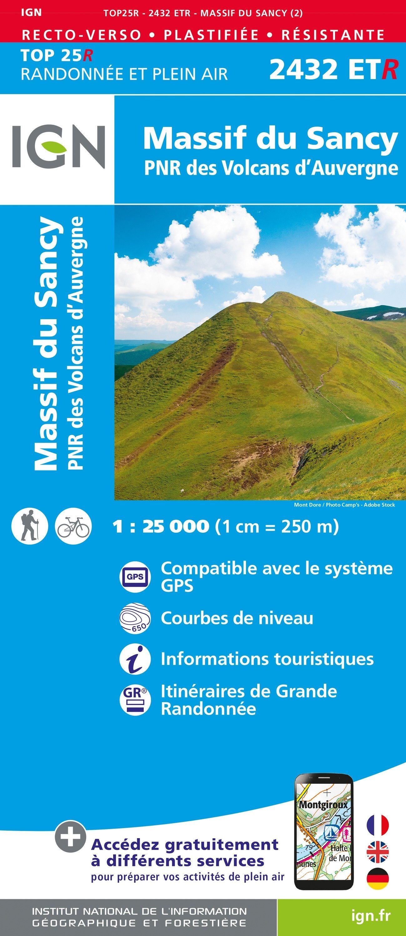 Carte TOP 25 n° 2432 ETR (résistante) - Massif du Sancy (Massif Central) | IGN carte de randonnée IGN