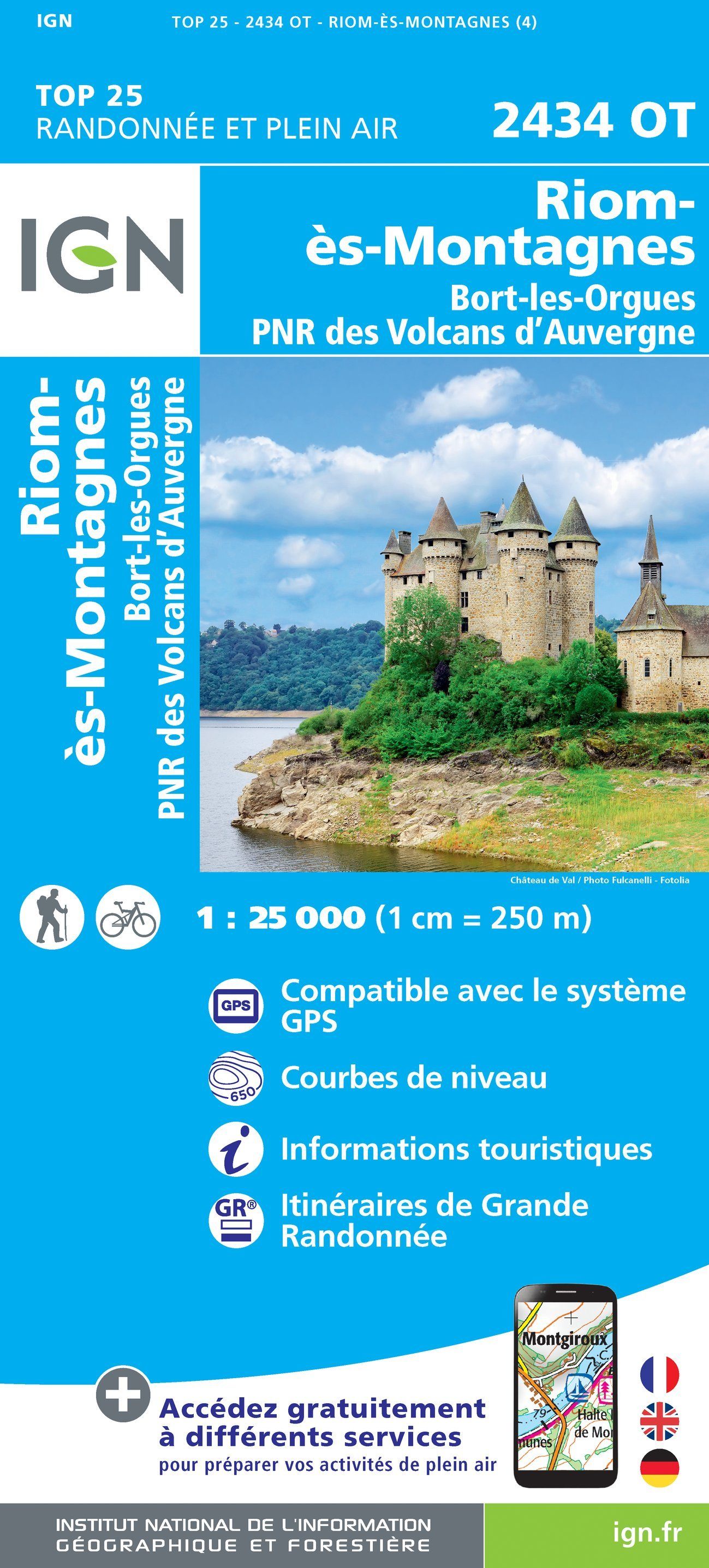Carte TOP 25 n° 2434 OT - Riom-ès-Montagnes & Bort-les-Orgues (PNR des Volcans d'Auvergne) | IGN carte de randonnée IGN