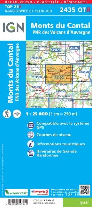 Carte TOP 25 n° 2435 OTR (résistante) - Monts du Cantal, PNR des volcans d'Auvergne (Massif Central) | IGN carte de randonnée IGN