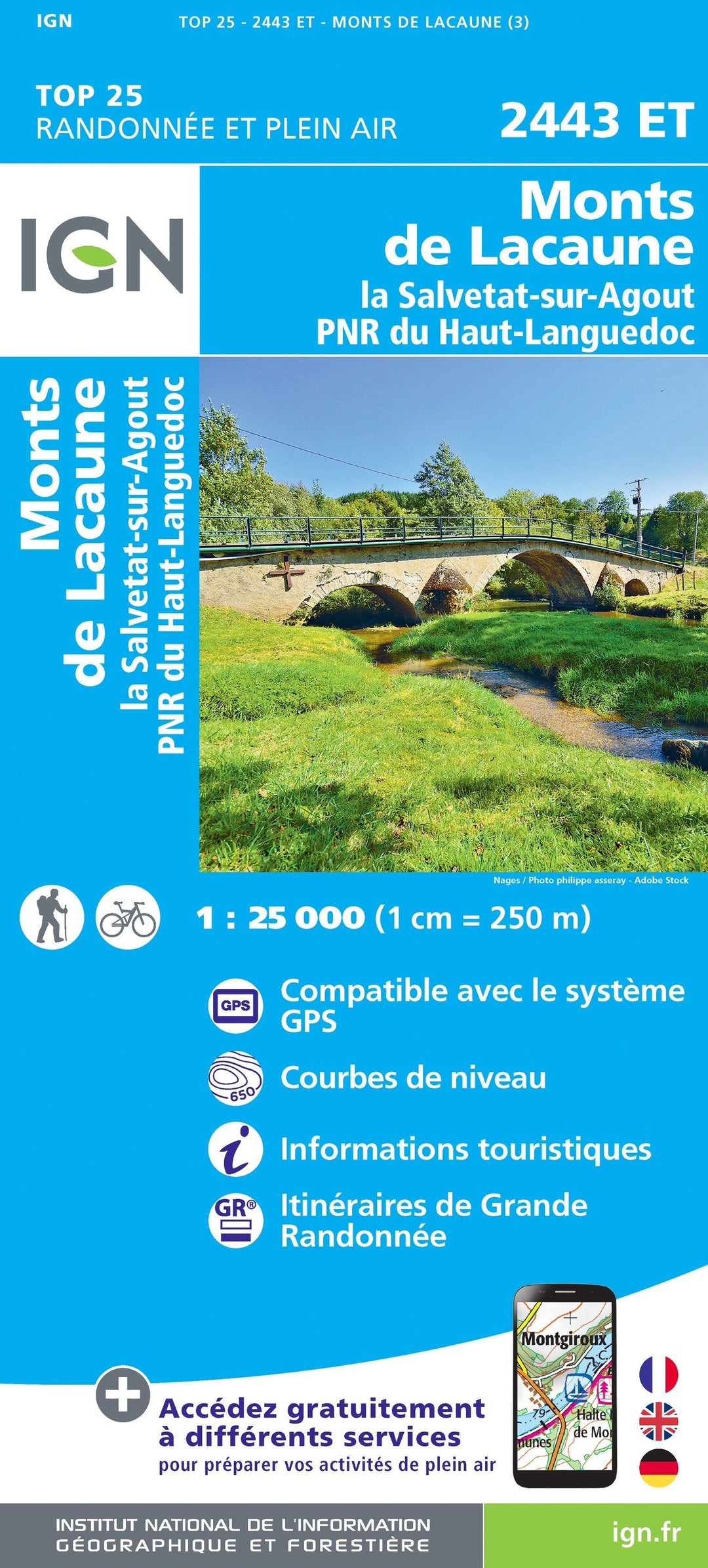 Carte TOP 25 n° 2443 ET - Monts de Lacaune, La Salvetat-sur-Agout, PNR du Haut-Languedoc | IGN carte pliée IGN 