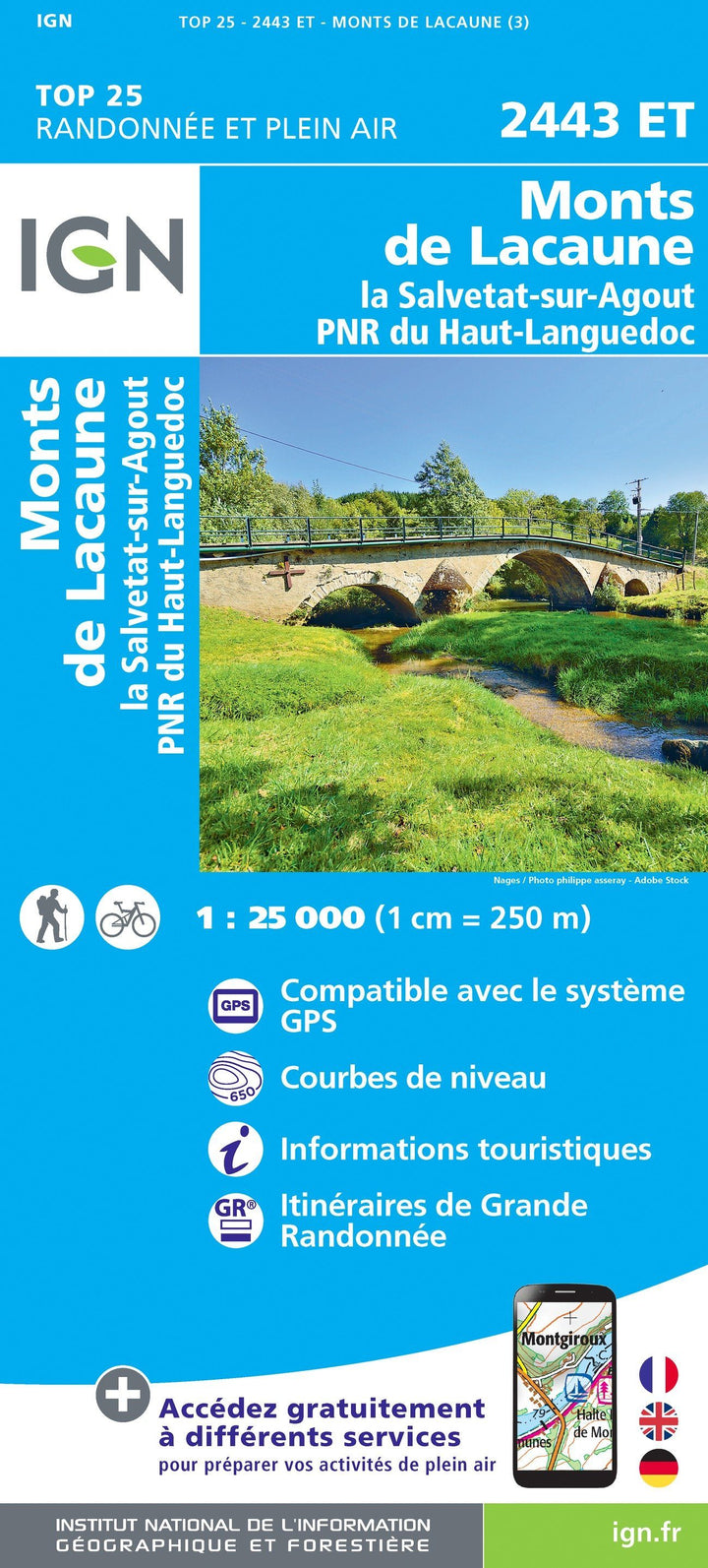 Carte TOP 25 n° 2443 ET - Monts de Lacaune, La Salvetat-sur-Agout, PNR du Haut-Languedoc | IGN carte pliée IGN 