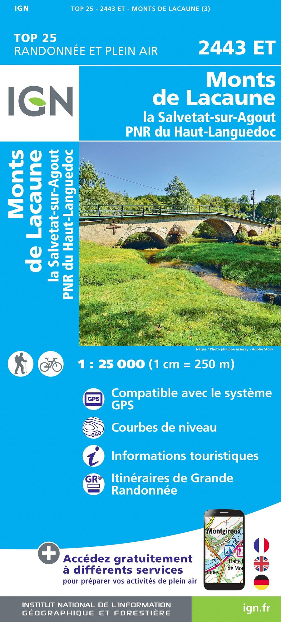 Carte TOP 25 n° 2443 ET - Monts de Lacaune, La Salvetat-sur-Agout, PNR du Haut-Languedoc | IGN carte pliée IGN 