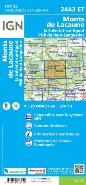 Carte TOP 25 n° 2443 ET - Monts de Lacaune, La Salvetat-sur-Agout, PNR du Haut-Languedoc | IGN carte de randonnée IGN
