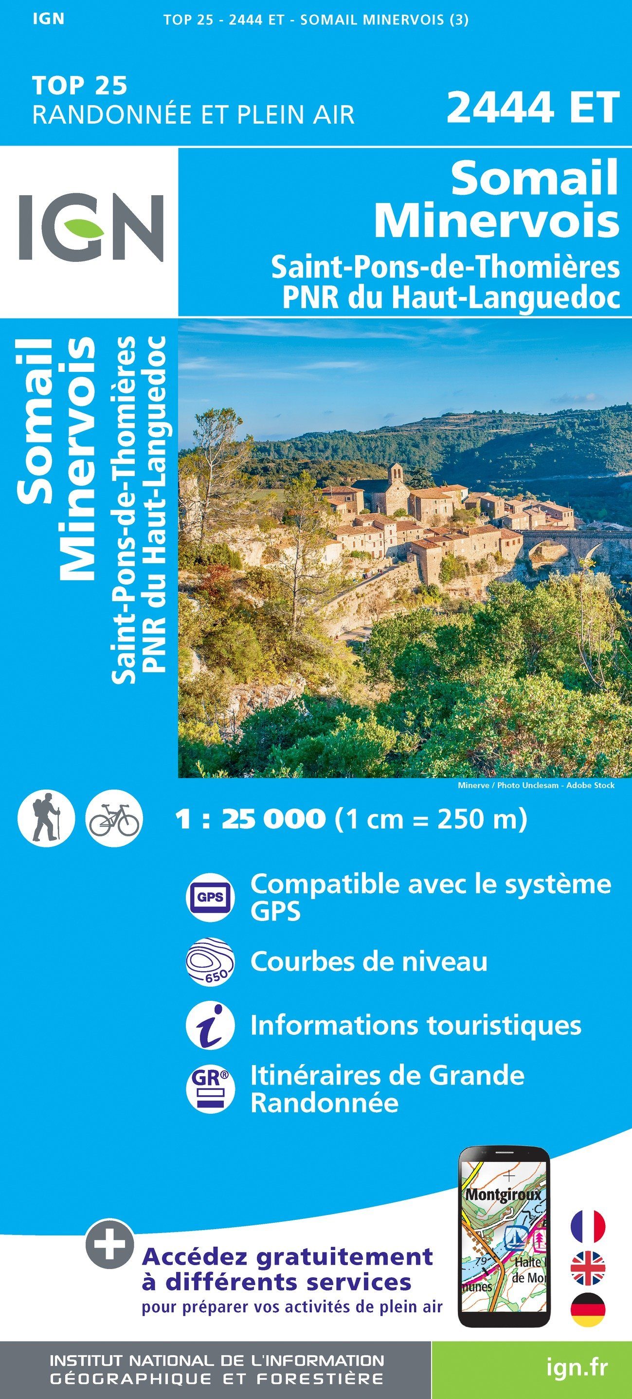 Carte TOP 25 n° 2444 ET - Somail, Minervois, St-Pons-de-Thomières, PNR du Haut-Languedoc | IGN carte de randonnée IGN