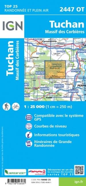 Carte TOP 25 n° 2447 OT - Tuchan & Massif des Corbières | IGN carte de randonnée IGN