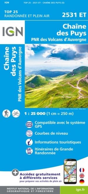 Carte TOP 25 n° 2531 ET - Chaîne des Puys, PNR des Volcans d'Auvergne | IGN carte de randonnée IGN