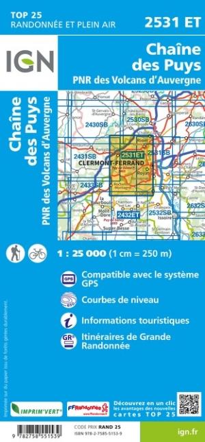 Carte TOP 25 n° 2531 ET - Chaîne des Puys, PNR des Volcans d'Auvergne | IGN carte pliée IGN 