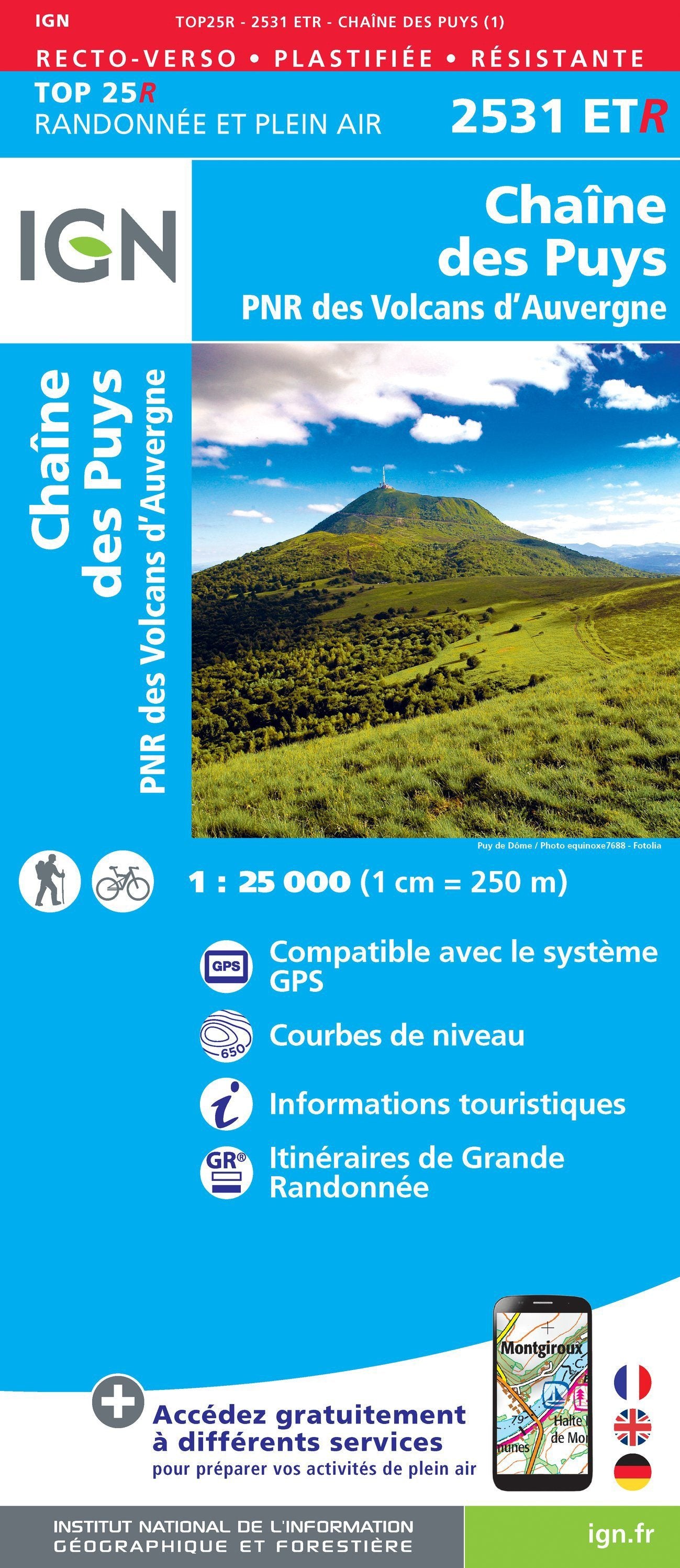 Carte TOP 25 n° 2531 ETR (résistante) - Chaîne des Puys, PNR des Volcans d'Auvergne | IGN carte de randonnée IGN