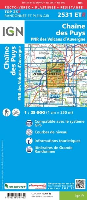 Carte TOP 25 n° 2531 ETR (résistante) - Chaîne des Puys, PNR des Volcans d'Auvergne | IGN carte de randonnée IGN