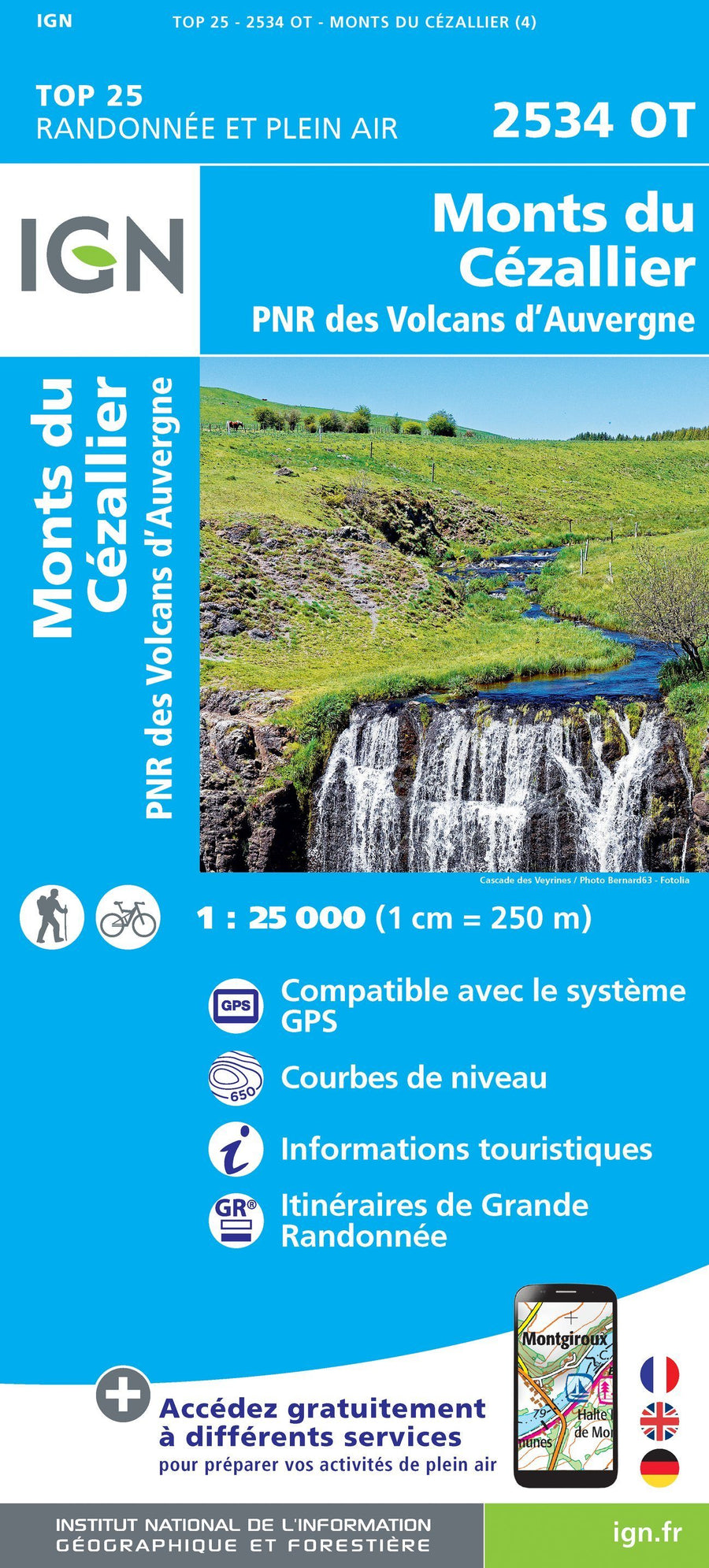 Carte TOP 25 n° 2534 OT - Monts du Cézallier (Massif Central) | IGN carte pliée IGN 