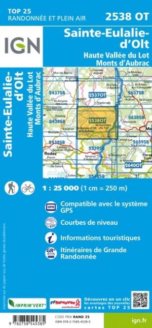 Carte TOP 25 n° 2538 OT - Sainte-Eulalie-d'Olt, Haute Vallée du Lot, Monts d'Aubrac | IGN carte pliée IGN 