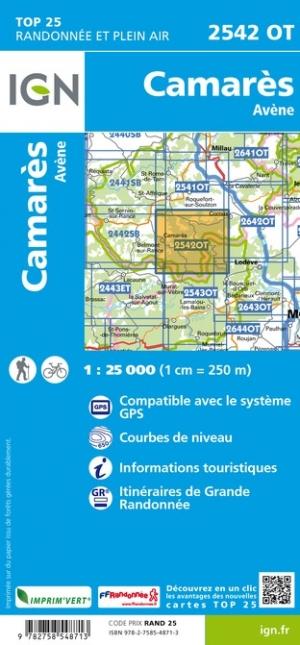 Carte TOP 25 n° 2542 OT - Camarès, Avène | IGN carte de randonnée IGN