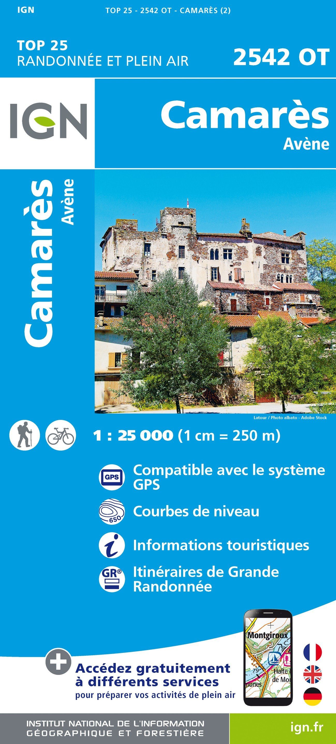 Carte TOP 25 n° 2542 OT - Camarès, Avène | IGN carte de randonnée IGN