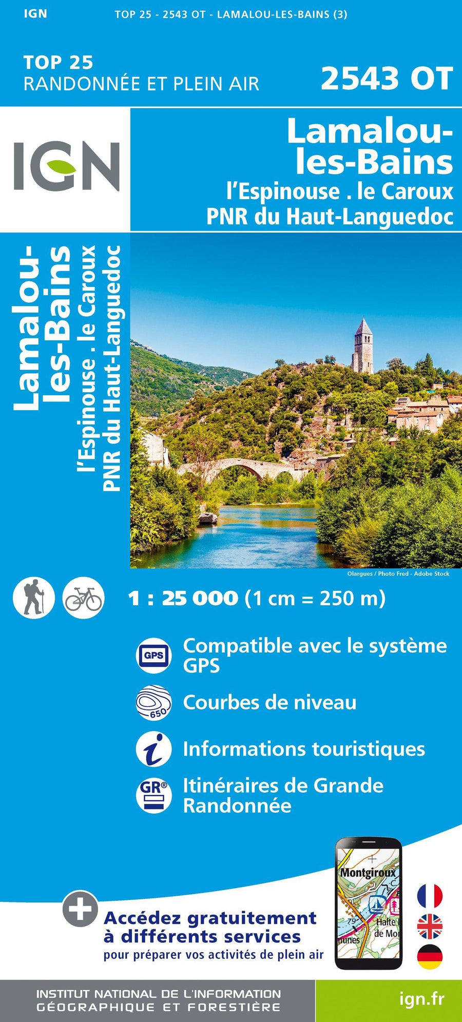 Carte TOP 25 n° 2543 OT - Lamalou-les-Bains, L'Espinouse, Le Caroux, PNR du Haut-Languedoc | IGN carte pliée IGN 