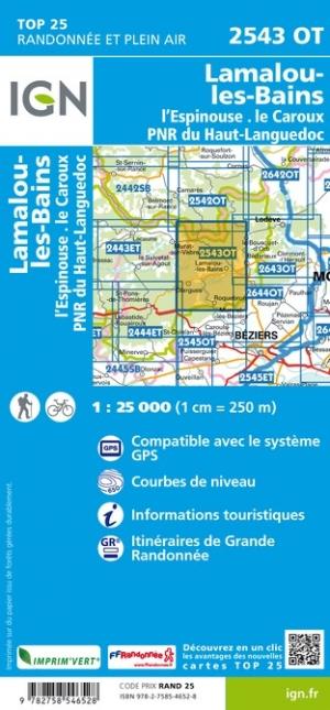 Carte TOP 25 n° 2543 OT - Lamalou-les-Bains, L'Espinouse, Le Caroux, PNR du Haut-Languedoc | IGN carte de randonnée IGN