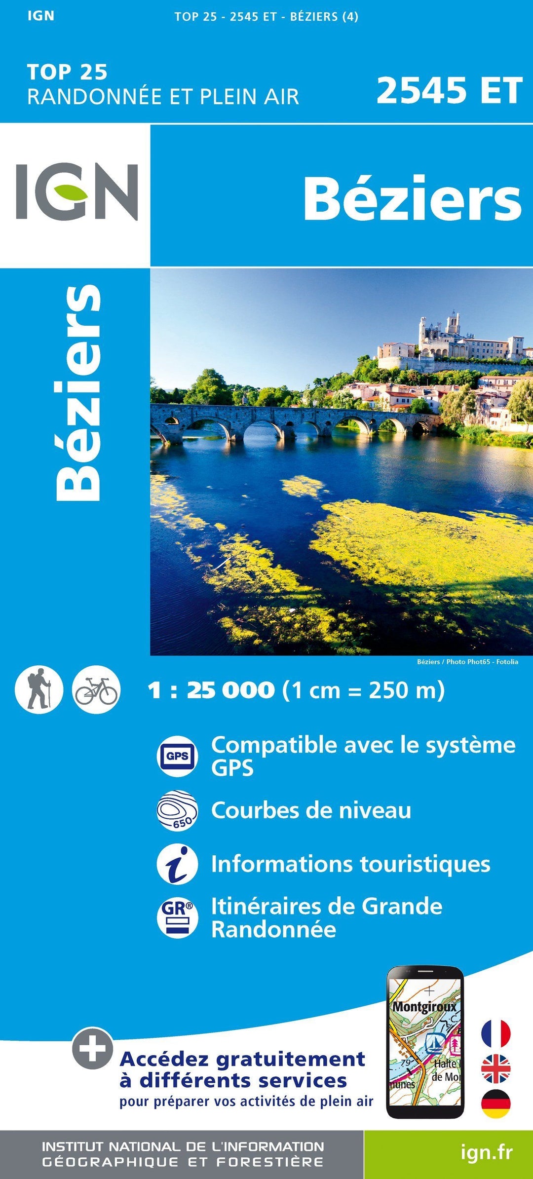 Carte TOP 25 n° 2545 ET - Béziers | IGN carte pliée IGN 