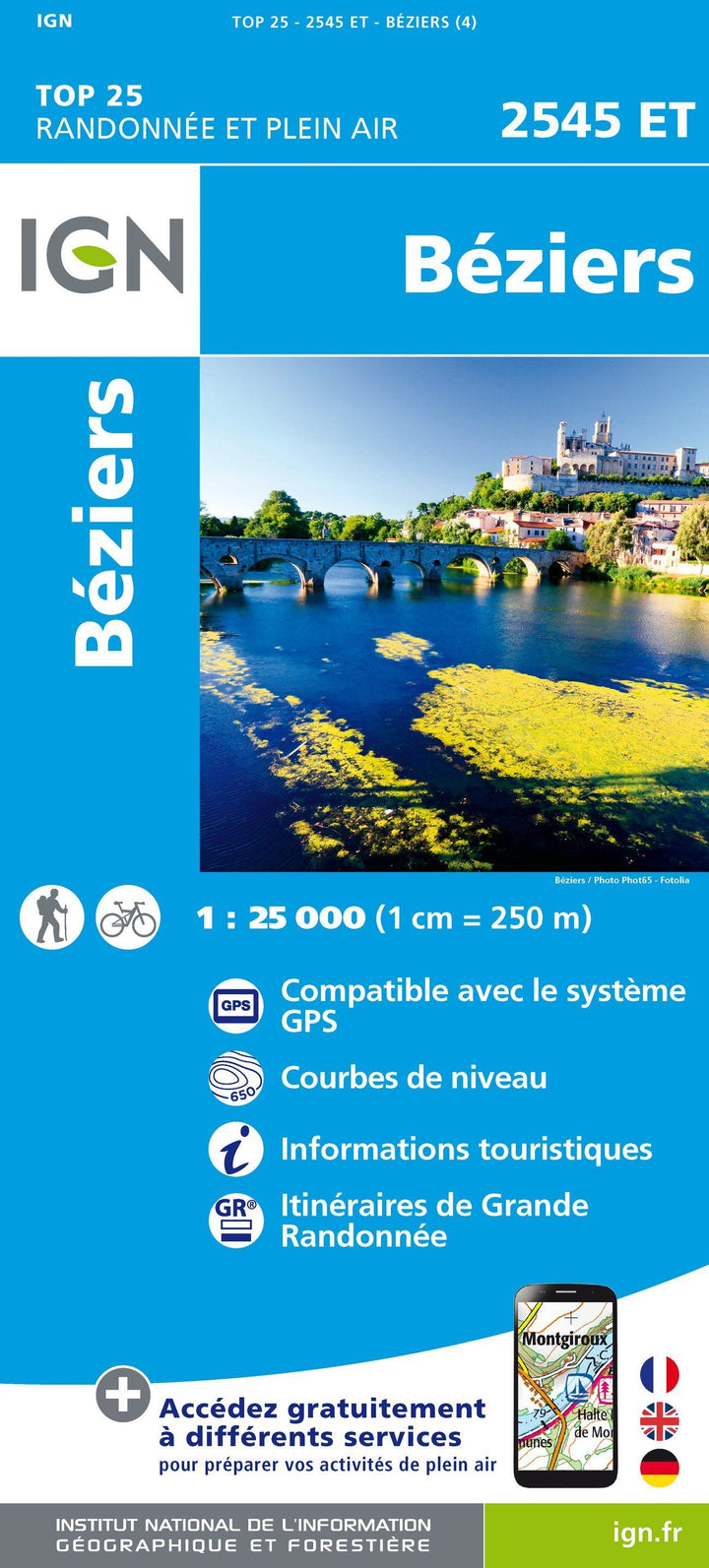 Carte TOP 25 n° 2545 ET - Béziers | IGN carte pliée IGN 