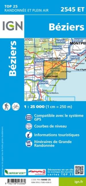Carte TOP 25 n° 2545 ET - Béziers | IGN carte pliée IGN 