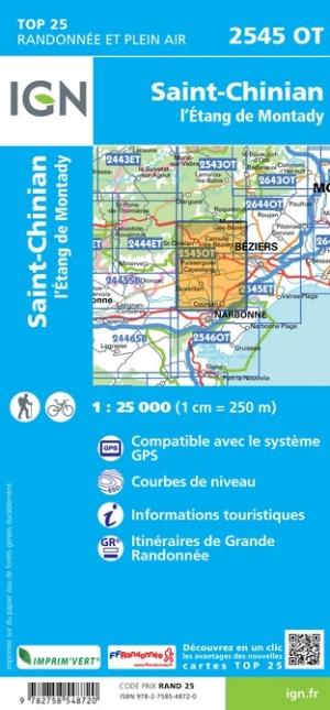 Carte TOP 25 n° 2545 OT - Saint-Chinian, L'Etang de Montady | IGN carte de randonnée IGN