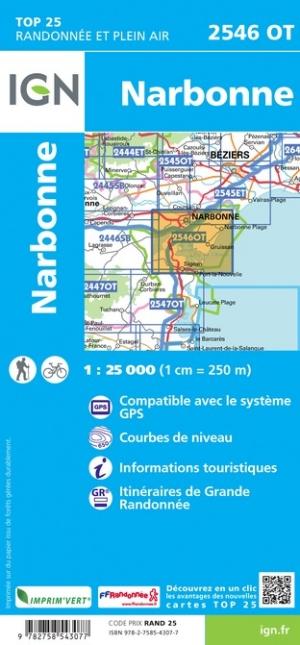 Carte TOP 25 n° 2546 OT - Narbonne | IGN carte de randonnée IGN