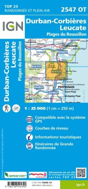 Carte TOP 25 n° 2547 OT - Durban-Corbières, Leucate, Plages du Roussillon | IGN carte de randonnée IGN