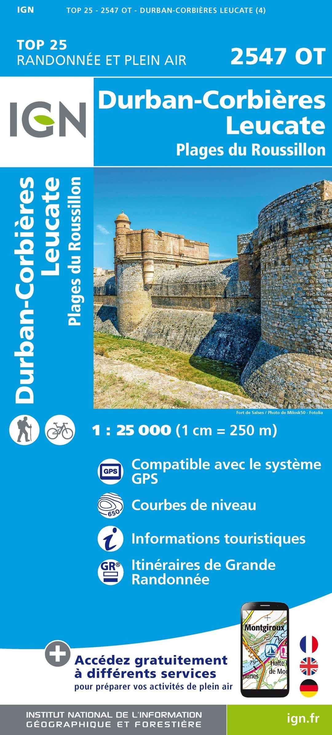 Carte TOP 25 n° 2547 OT - Durban-Corbières, Leucate, Plages du Roussillon | IGN carte pliée IGN 