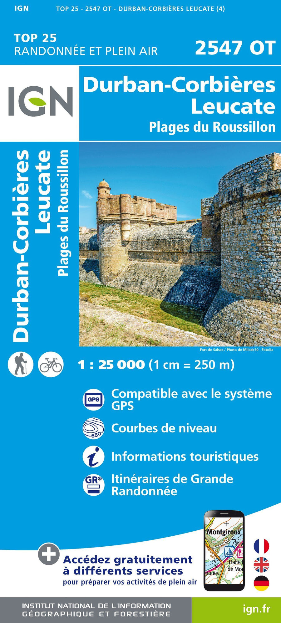 Carte TOP 25 n° 2547 OT - Durban-Corbières, Leucate, Plages du Roussillon | IGN carte pliée IGN 