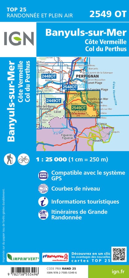 Carte TOP 25 n° 2549 OT - Banyuls, Col du Perthus & Côte Vermeille | IGN carte de randonnée IGN