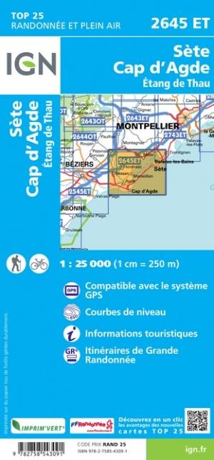 Carte TOP 25 n° 2645 ET - Sète, Cap d'Agde, Etang de Thau | IGN carte de randonnée IGN