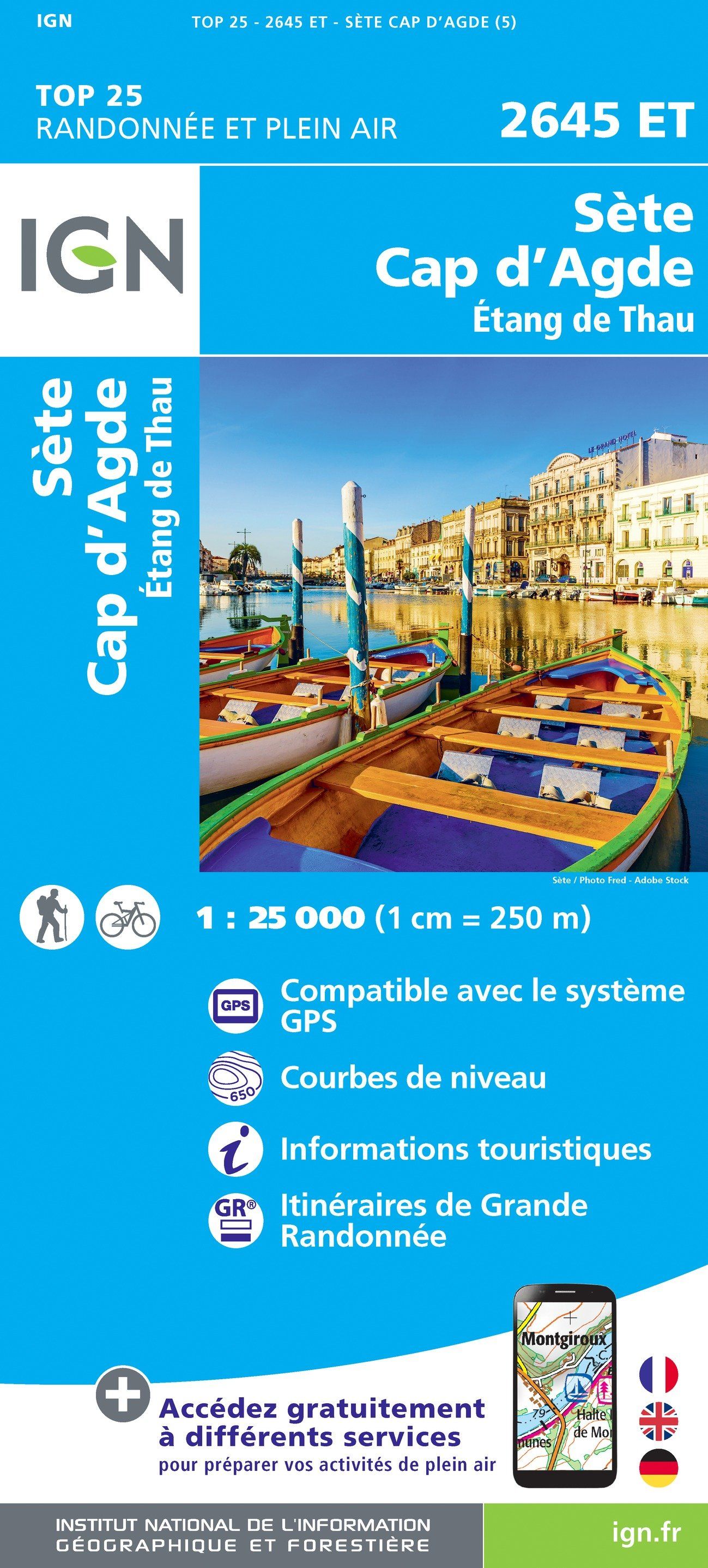 Carte TOP 25 n° 2645 ET - Sète, Cap d'Agde, Etang de Thau | IGN carte de randonnée IGN