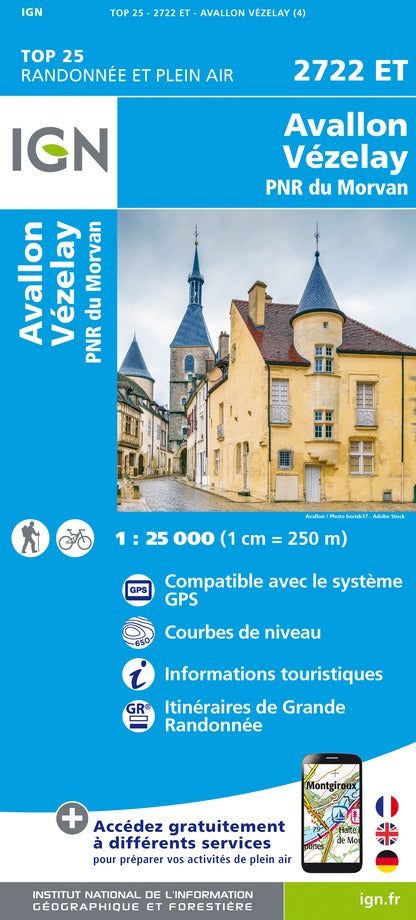 Carte TOP 25 n° 2722 ET - Avallon, Vézelay et PNR du Morvan | IGN carte pliée IGN 