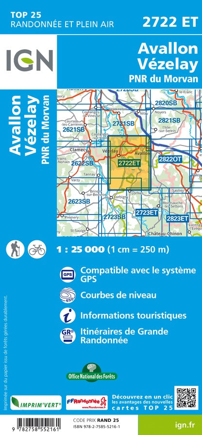 Carte TOP 25 n° 2722 ET - Avallon, Vézelay et PNR du Morvan | IGN carte de randonnée IGN