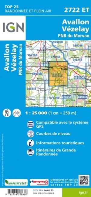 Carte TOP 25 n° 2722 ET - Avallon, Vézelay et PNR du Morvan - VERSION MURALE ET PLASTIFIEE | IGN - Série Bleue carte murale grand tube IGN 
