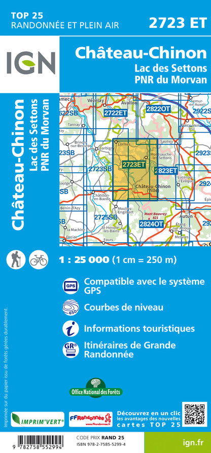Carte TOP 25 n° 2723 ET - Château-Chinon, Lac des Settons et PNR du Morvan | IGN carte de randonnée IGN
