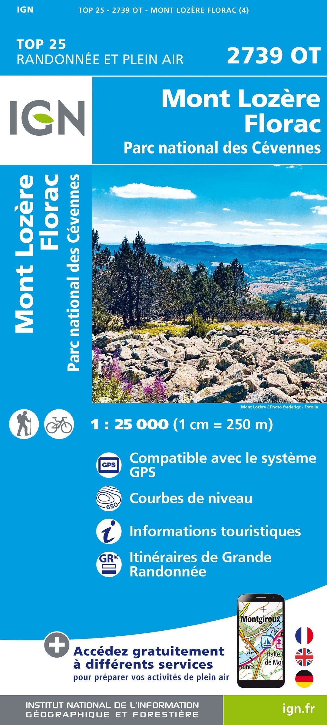 Carte TOP 25 n° 2739 OT - Mont Lozère, Florac, Parc national des Cévennes | IGN carte pliée IGN 