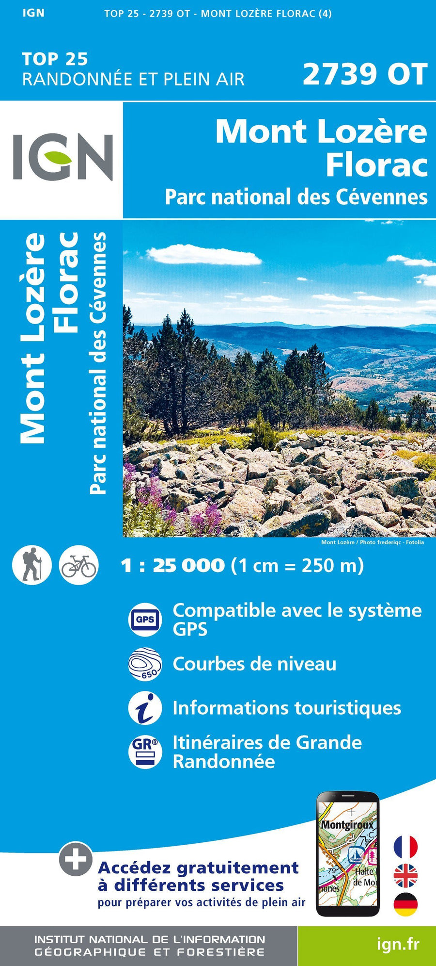 Carte TOP 25 n° 2739 OT - Mont Lozère, Florac, Parc national des Cévennes | IGN carte pliée IGN 