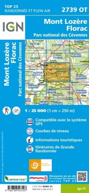 Carte TOP 25 n° 2739 OT - Mont Lozère, Florac, Parc national des Cévennes | IGN carte pliée IGN 