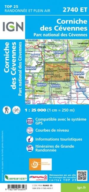 Carte TOP 25 n° 2740 ET - Corniche des Cévennes, Parc national des Cévennes | IGN carte pliée IGN 