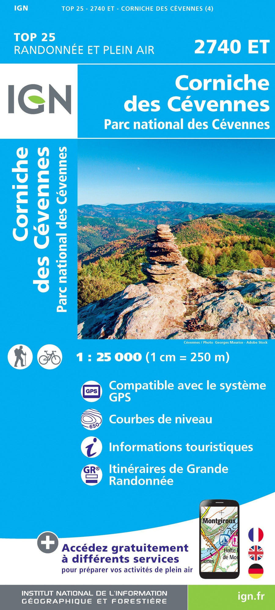 Carte TOP 25 n° 2740 ET - Corniche des Cévennes, Parc national des Cévennes | IGN carte pliée IGN 