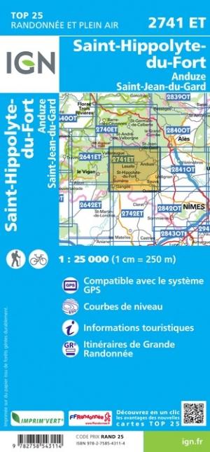 Carte TOP 25 n° 2741 ET - St-Hippolyte-du-Fort, Anduze, St-Jean-du-Gard | IGN carte pliée IGN 
