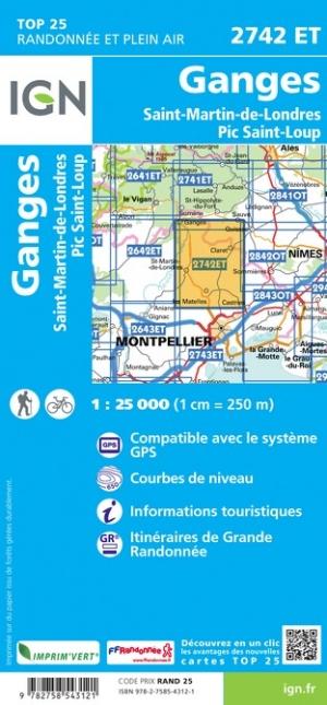 Carte TOP 25 n° 2742 ET - Ganges, St-Martin-de-Londres, Pic St-Loup | IGN carte de randonnée IGN