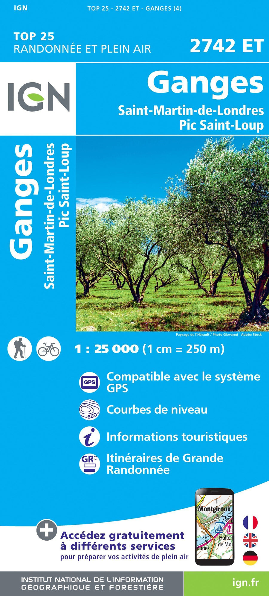 Carte TOP 25 n° 2742 ET - Ganges, St-Martin-de-Londres, Pic St-Loup | IGN carte pliée IGN 