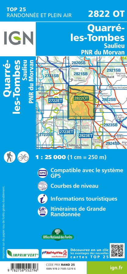 Carte TOP 25 n° 2822 OT - Quarré-Les-Tombes, Saulieu & PNR du Morvan | IGN carte de randonnée IGN