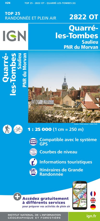 Carte TOP 25 n° 2822 OT - Quarré-Les-Tombes, Saulieu & PNR du Morvan | IGN carte de randonnée IGN
