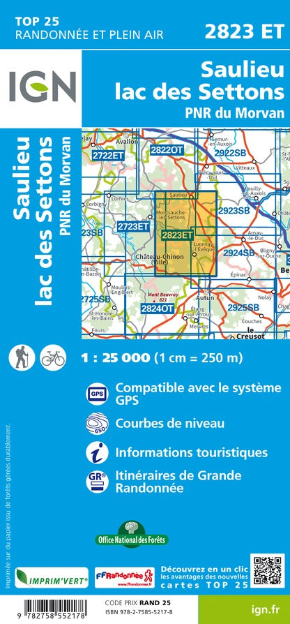 Carte TOP 25 n° 2823 ET - Saulieu, Lac des Settons & PNR du Morvan | IGN carte pliée IGN 