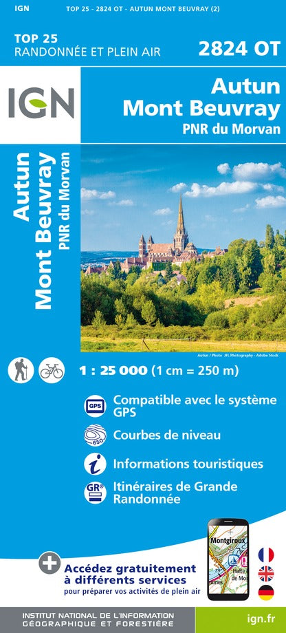 Carte TOP 25 n° 2824 OT - Autun, Mont Beuvray, PNR du Morvan | IGN carte pliée IGN 