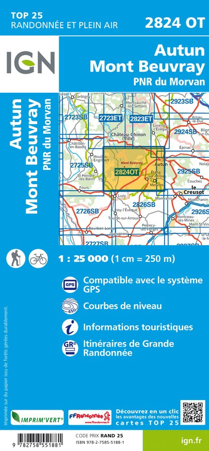 Carte TOP 25 n° 2824 OT - Autun, Mont Beuvray, PNR du Morvan | IGN carte pliée IGN 
