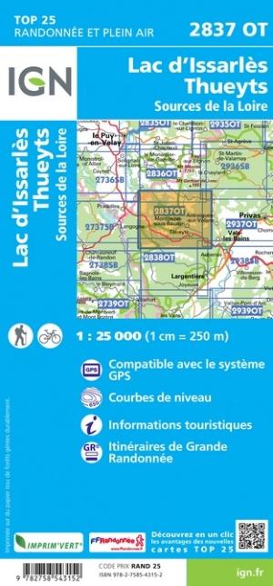 Carte TOP 25 n° 2837 OT - Lac d'Issarlès, Thueyts, Sources de la Loire | IGN carte de randonnée IGN